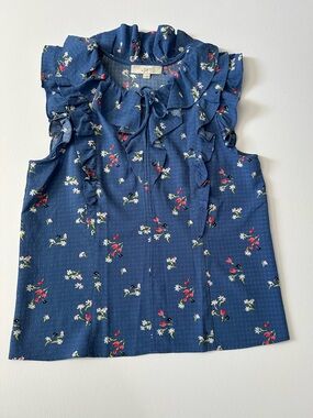 LOFT bright blue Floral Ruffle Sleeveless Blouse Size Med. Light and airy.